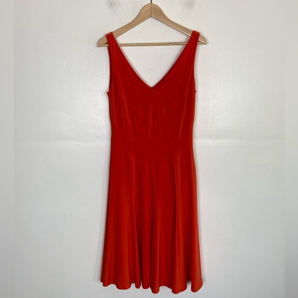 Lauren Ralph Lauren Knit Midi Dress Size 8 Orange Fit & Flare Sleeveless V-Neck - Picture 3 of 11